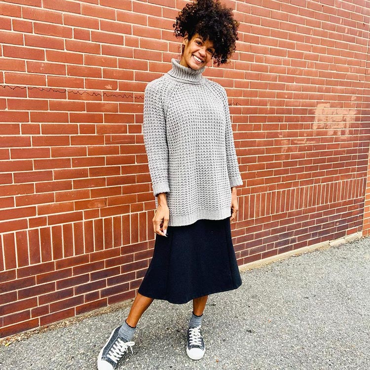 Sweater outfits - Diane in a turtleneck and black skirt | 40plusstyle.com