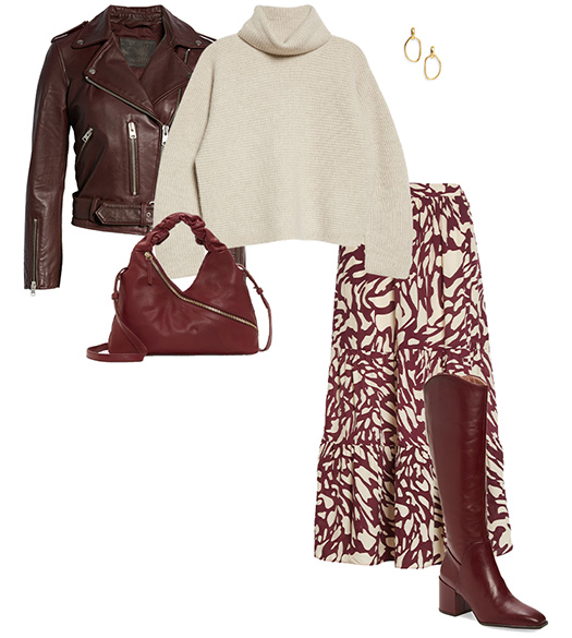 Fall outfit: moto jacket, sweater, printed skirt and high boots | 40plusstyle.com