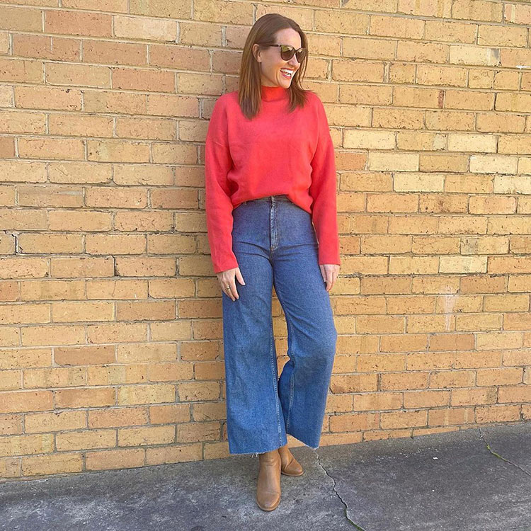 Sweater outfits - red sweater and jeans | 40plusstyle.com