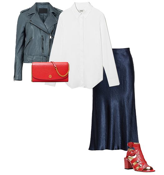 Broadway outfit idea: Moto jacket, silk midi skirt and heeled sandal | 40plusstyle.com