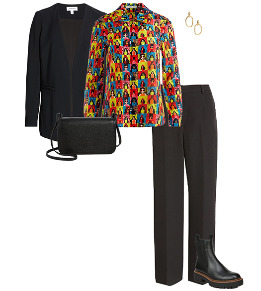 Fall outfit: open front blazer, printed skirt, trousers and Chelsea boots | 40plusstyle.com
