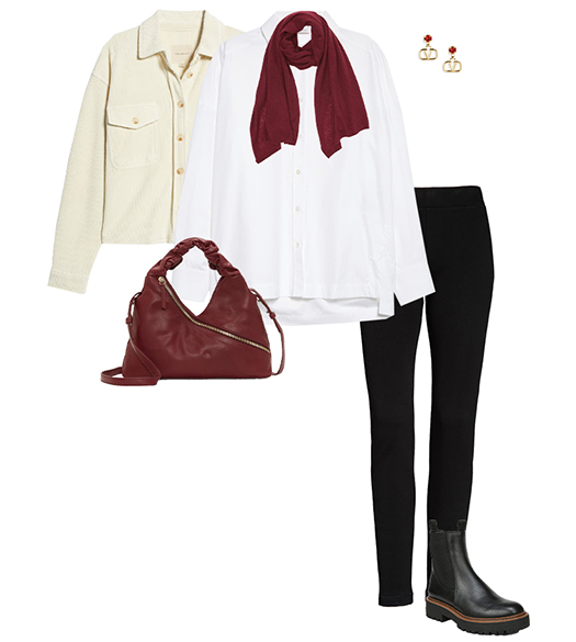 Fall outfit: shacket, white shirt, leggings, boots and scarf | 40plusstyle.com