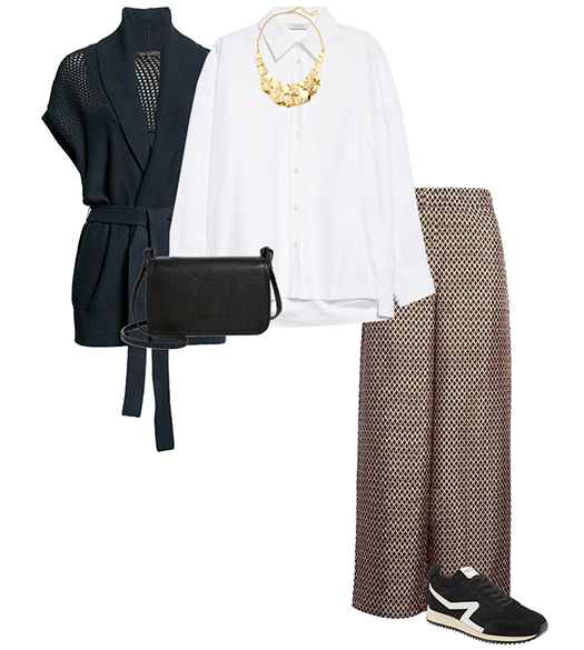 Fall outfit: wrap cardigan, white shirt, wide leg pants and sneakers | 40plusstyle.com