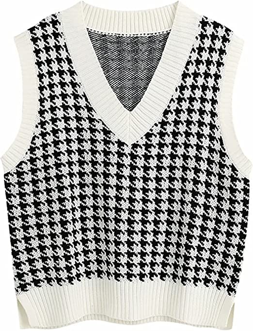 Gulajia Houndstooth Knit Sleeveless Sweater | 40plusstyle.com