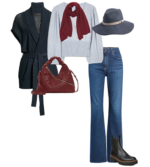 Fall outfit: wrap cardigan, sweater, bootcut jeans, boots, wool hat and scarf | 40plusstyle.com