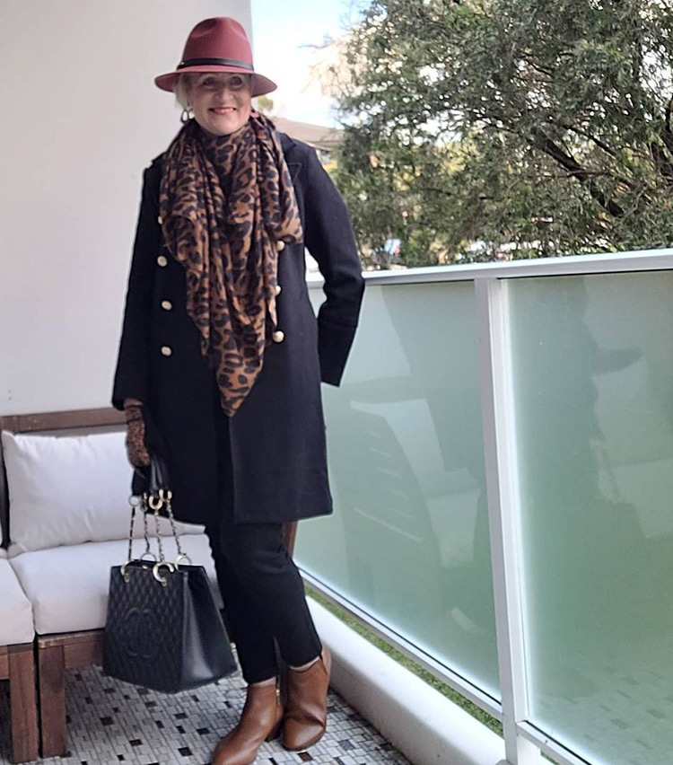 Winter outfits for women - Barb in a military coat and leopard scarf | 40plusstyle.com