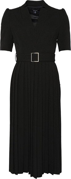 Karen Millen Structured Crepe Forever Pleat Belted Midi Dress | 40plusstyle.com