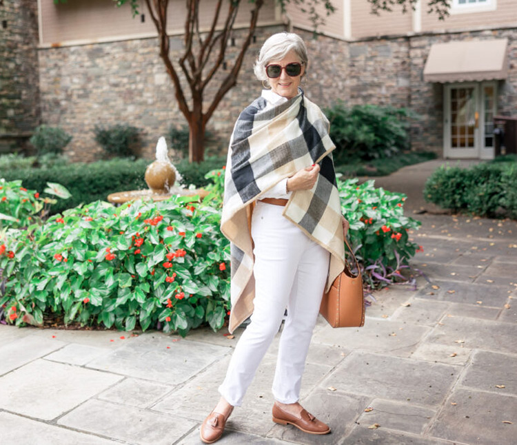 Neutral colors fall outfit - Beth in jeans and a wrap | 40plusstyle.com