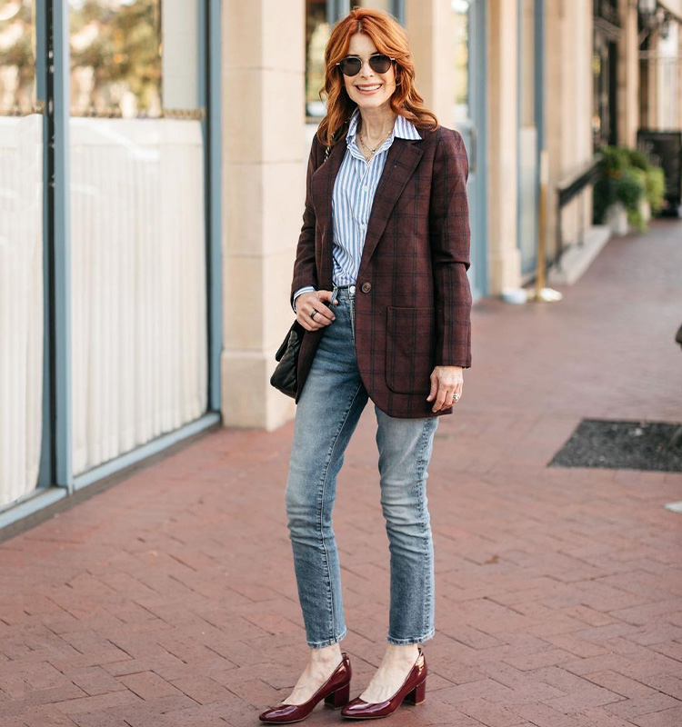 How to dress up jeans - Cathy in a check blazer and denim | 40plusstyle.com