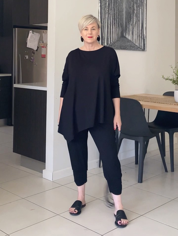 Deborah in an all-black outfit | 40plusstyle.com