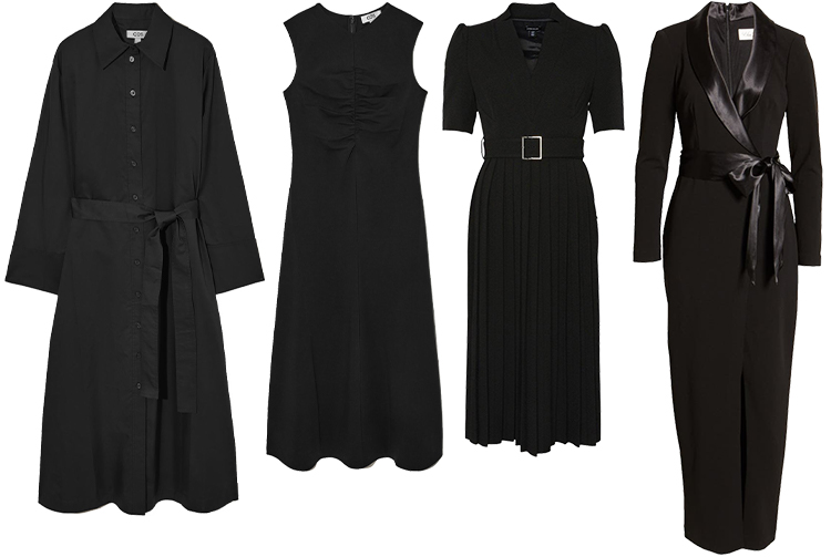 COS Gathered Midi Dress - COS Belted Midi Shirt Dress - Karen Millen Structured Crepe Forever Pleat Belted Midi Dress - Eliza J Long Sleeve Tuxedo Gown | 40plusstyle.com