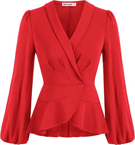 Tops to hide your tummy - GRACE KARIN Wrap Peplum Blouse | 40plusstyle.com