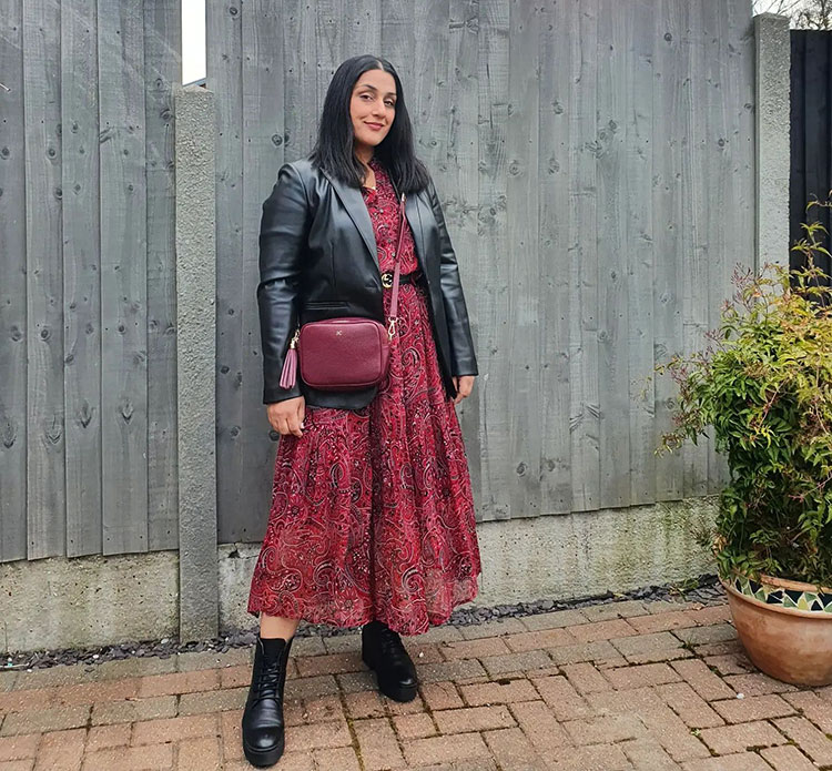 Wearing red for fall - Jas in a maxi dress and leather jacket | 40plusstyle.com