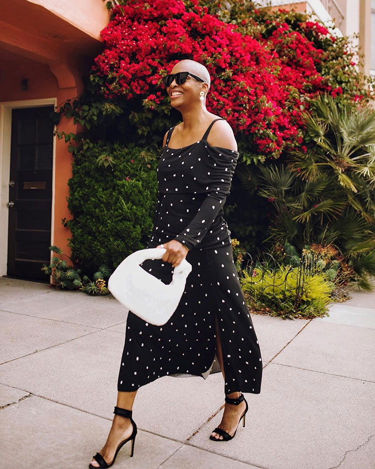 Black outfits for women - Kim wears polka dots | 40plusstyle.com