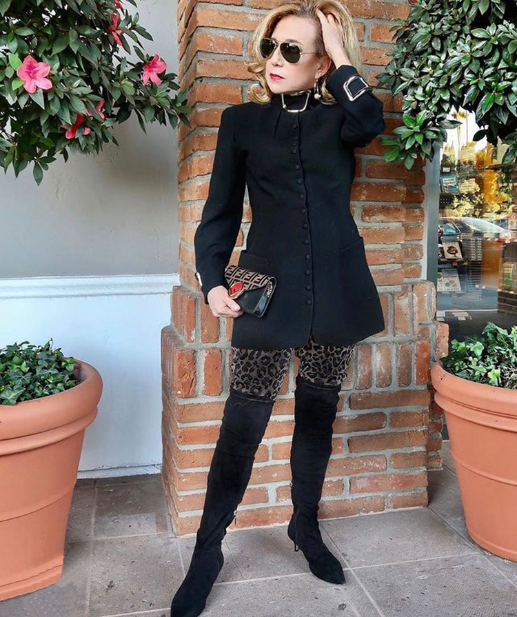 Black outfits for women - Wendy wears a black jacket and leopard pants | 40plusstyle.com
