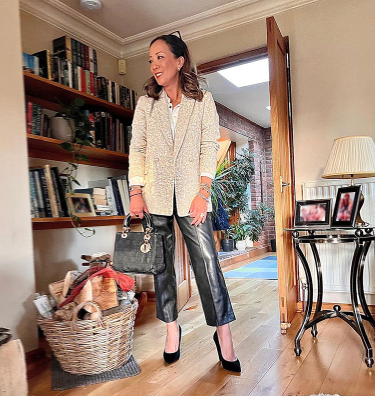 Office party outfit - Abi in a blazer and leather pants | 40plustyle.com
