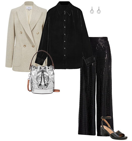 Blazer, velvet shirt, sequin pants and sandals | 40plusstyle.com