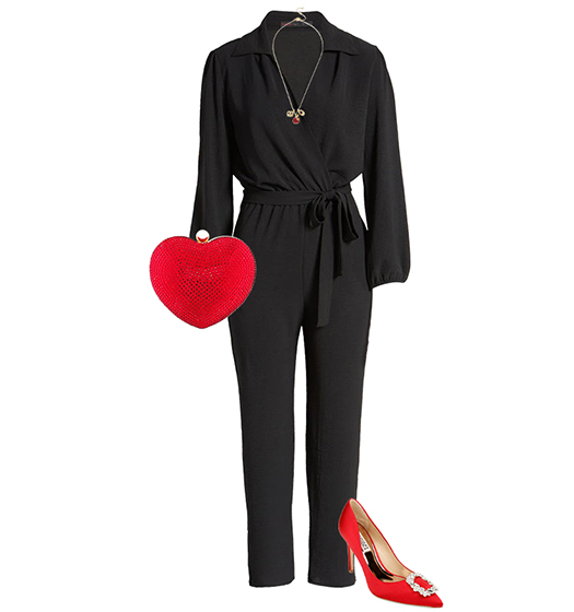 Outfit for the holidays: jumpsuit, embellished pumps and clutch | 40plusstyle.com