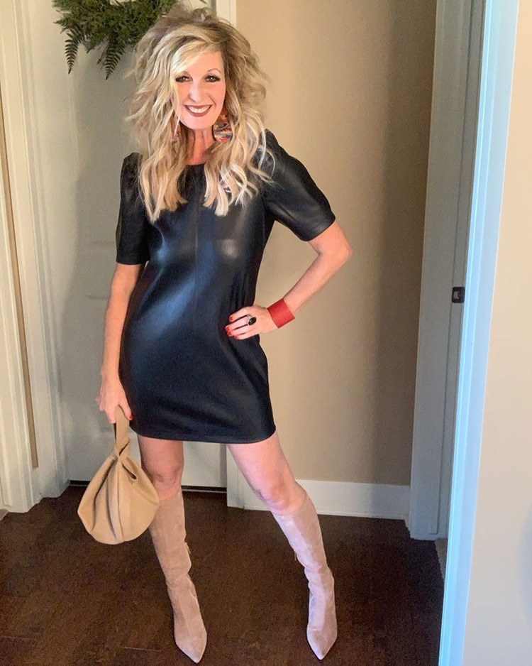 Melanie in a leather dress and boots | 40plusstyle.com