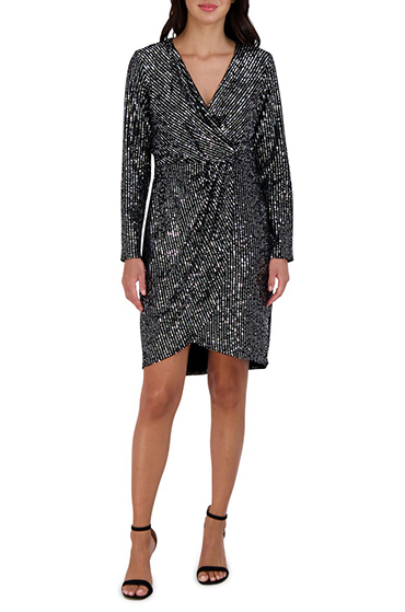Julia Jordan Velvet Sequin Long Sleeve Faux Wrap Dress | 40plusstyle.com