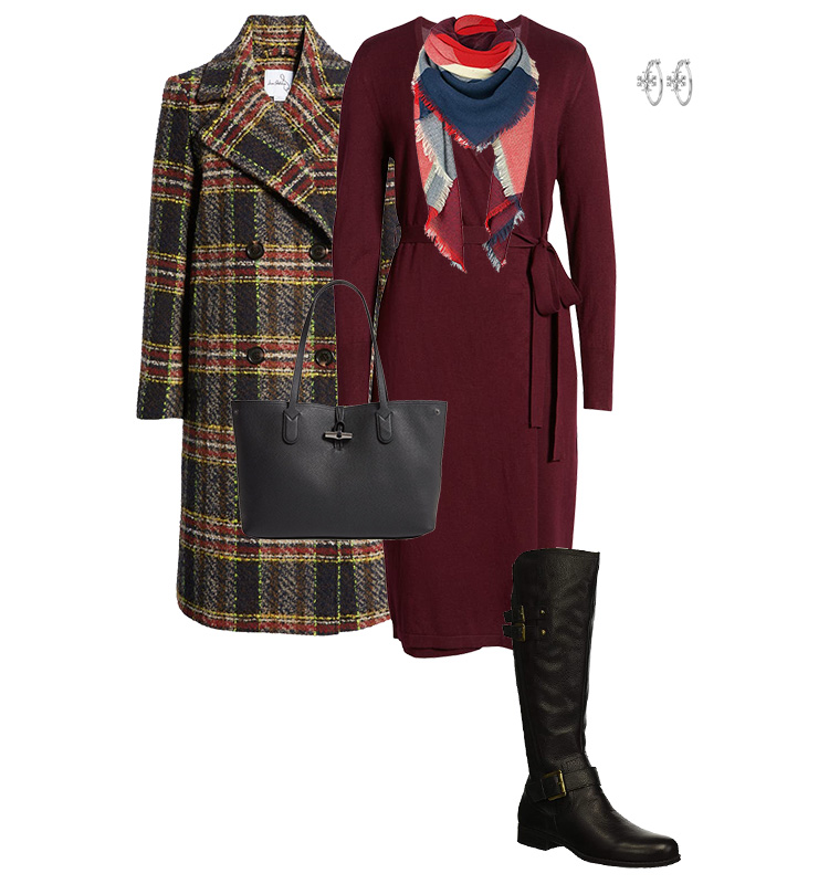 Coat, sweater dress and knee high boots | 40plusstyle.com