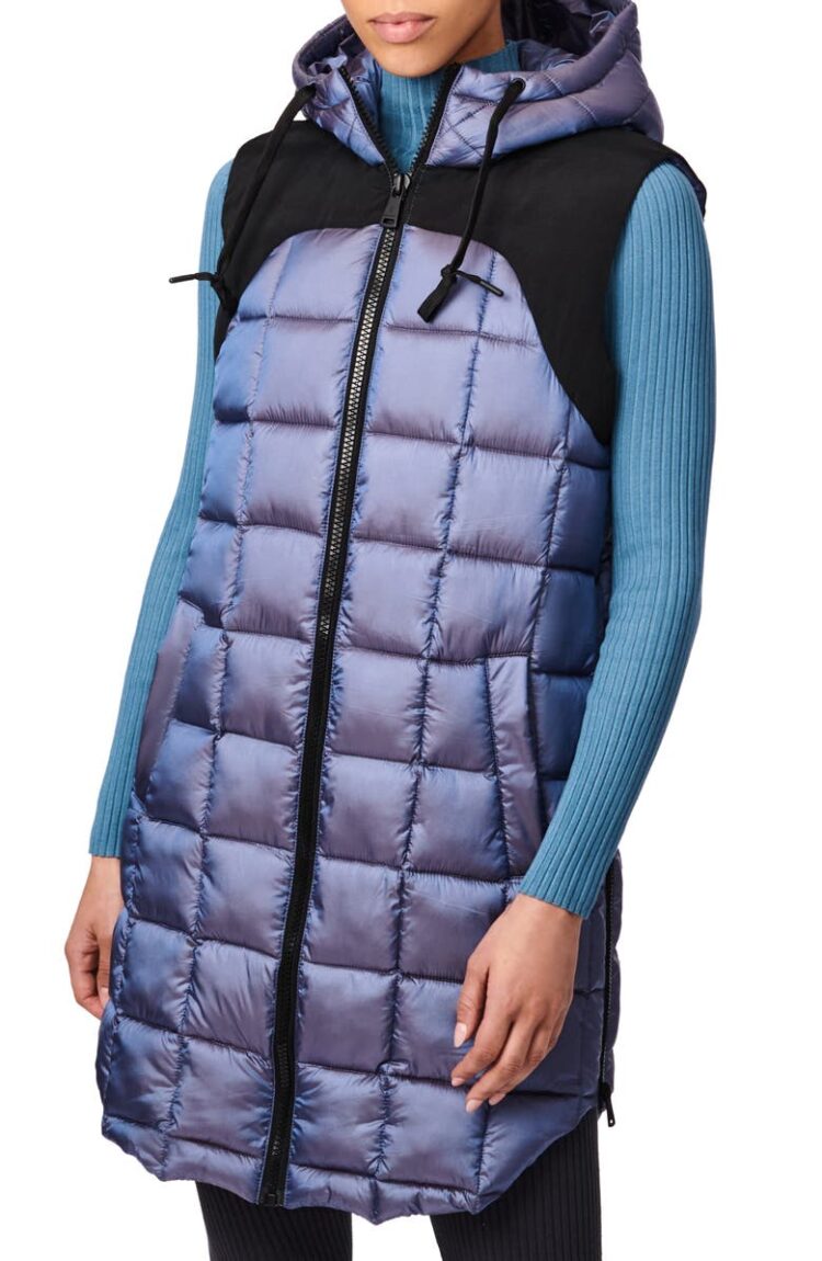 Warmest winter coats for women: Bernardo EcoPlume™ Box Quilt Long Hooded Vest | 40plusstyle.com