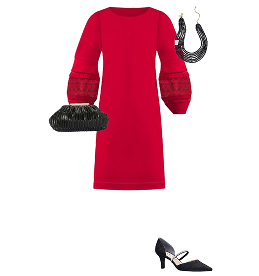 Robe de cocktail rouge avec escarpins noirs et accessoires |  40plusstyle.com