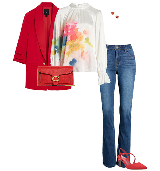 Conjunto blazer rojo y jeans |  40plusstyle.com