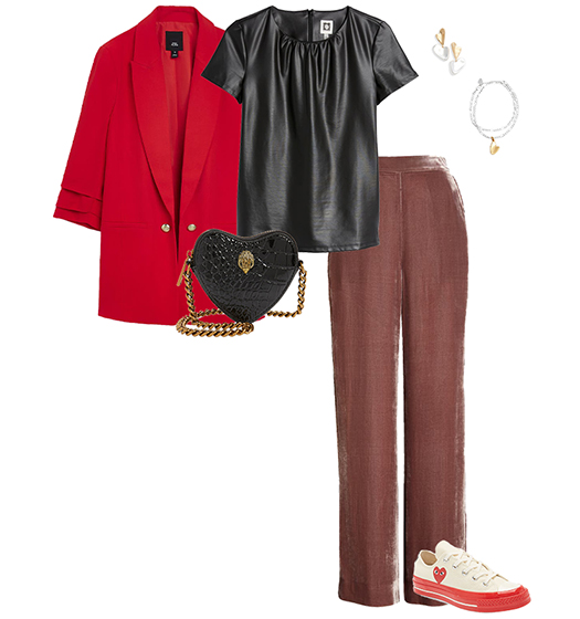 Red blazer and velvet pants outfit | 40plusstyle.com