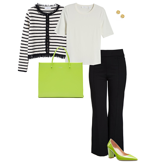 Outfit for work: cardigan, tee flare trousers and pumps | 40plusstyle.com