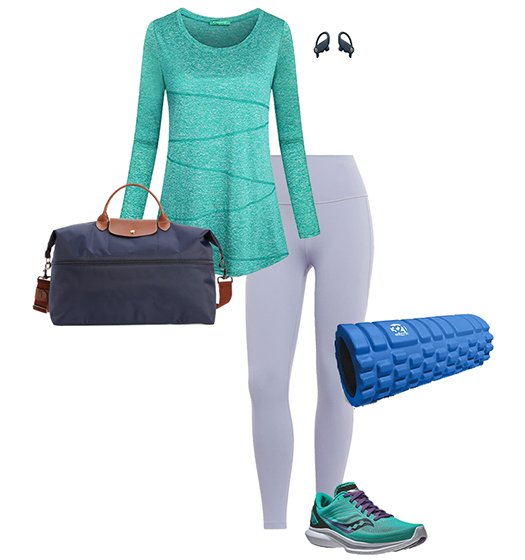 Workout outfit for women: dry line top, leggings and running shoes | 40plusstyle.com