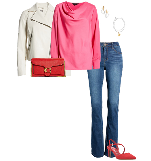 Pink top and jeans outfit | 40plusstyle.com