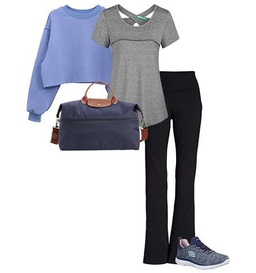 Stylish workout outfit: sweater, toga shirt, pants and running shoes | 40plusstyle.com