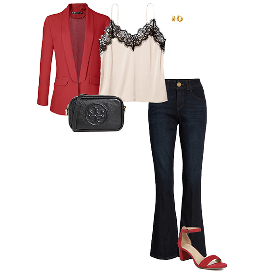 Red blazer and jeans outfit | 40plusstyle.com