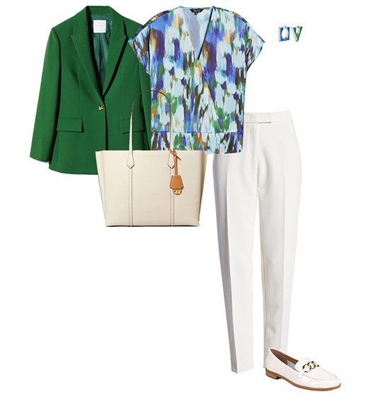 Business casual outfit for women: blazer, print top, trousers and loafers | 40plusstyle.com
