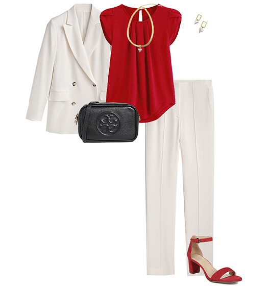 White suit and red top | 40plusstyle.com