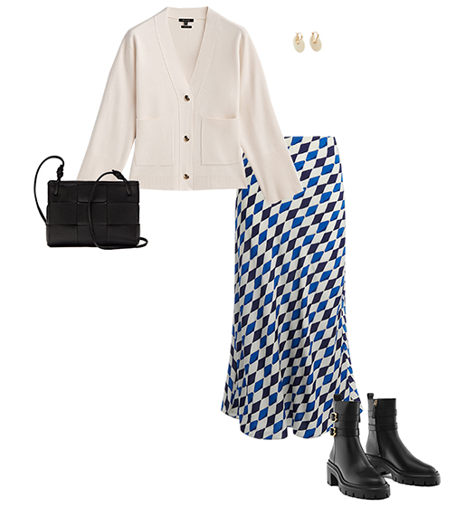 Business casual outfit for women: cardigan, midi skirt and boots | 40plusstyle.com