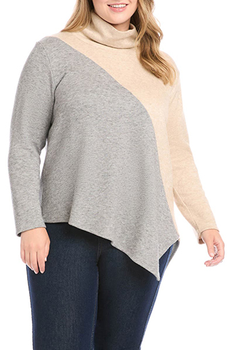 Tops to hide your tummy - Karen Kane Colorblock Asymmetric Turtleneck Sweater | 40plusstyle.com