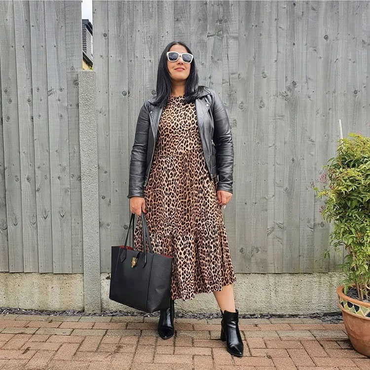 Jas in black booties and leopard print dress | 40plusstyle.com