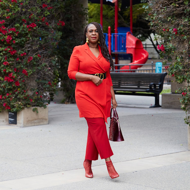 Semi formal attire for women - Julie in a red outfit | 40plusstyle.com