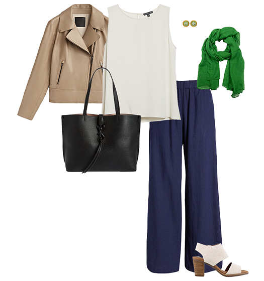 Natural style outfit idea: moto jacket, tank top, wide pants, sandalsm tote and scarf | 40plusstyle.com