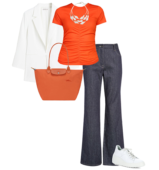 White blazer and orange top outfit | 40plusstyle.com