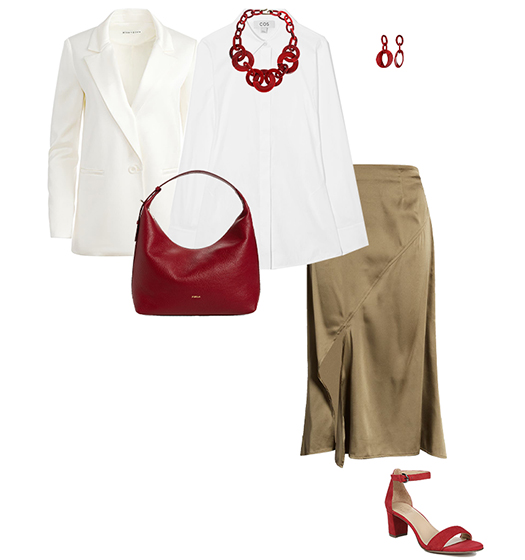 Neutral outfit with red accessories | 40plusstyle.com