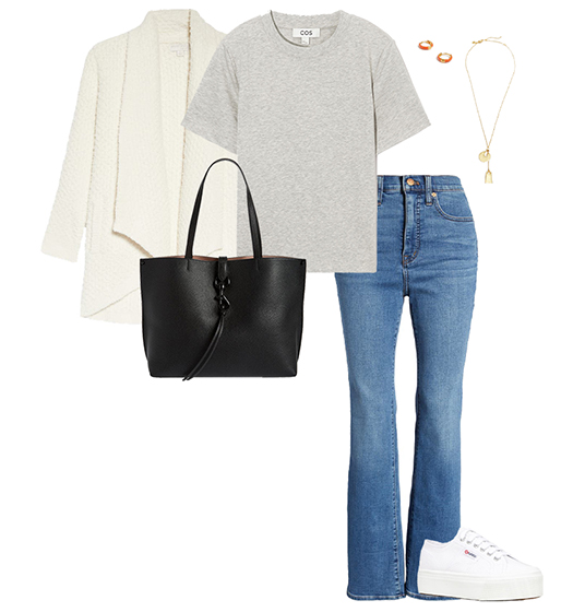 Natural style outfit idea: cardigan, tee, bootcut jeans and sneakers | 40plusstyle.com