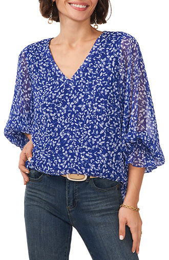 Tops to hide your tummy - Vince Camuto Print V-Neck Blouse | 40plusstyle.com