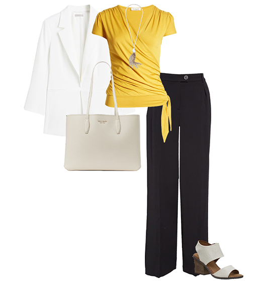 Yellow top and white blazer outfit | 40plusstyle.com