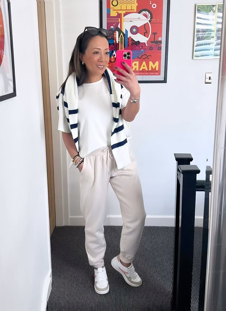 Abi wears a monochrome outfit of white and cream | 40plusstyle.com
