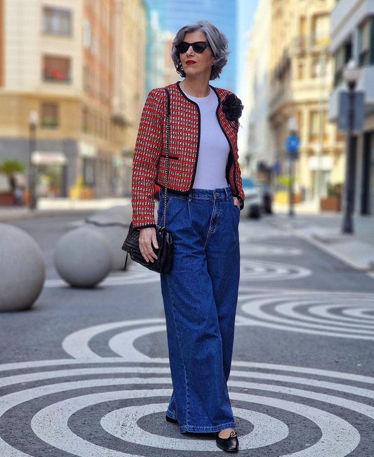Carmen in tweed jacket, wide pants and flats | 40plusstyle.com