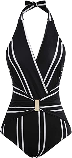 Best bathing suits for women - striped one piece | 40plusstyle.com