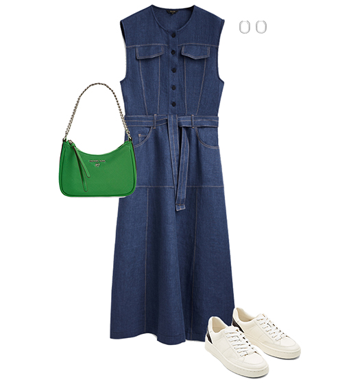How to dress the rectangle body shape: tie waist dress and sneakers | 40plusstyle.com